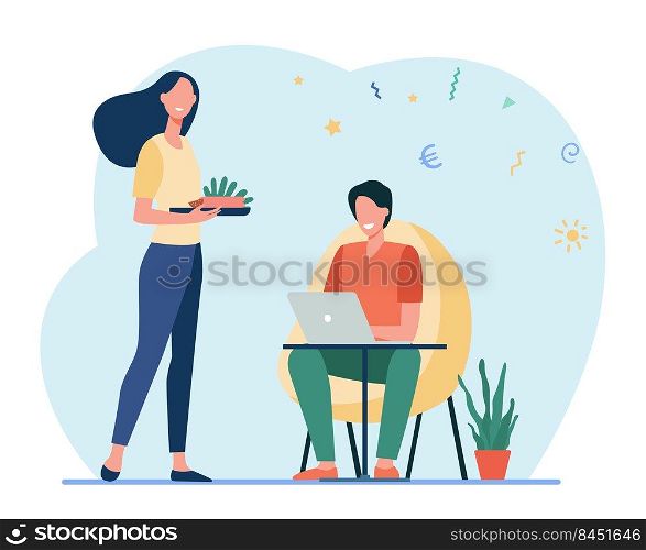 Happy wife preparing food for man working at home. Laptop, computer, investment flat vector illustration. Freelance and family concept for banner, website design or landing web page