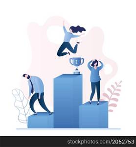 Happy winner businesswoman jumping and two sad business losers on podium,successful person concept,trendy style vector illustration