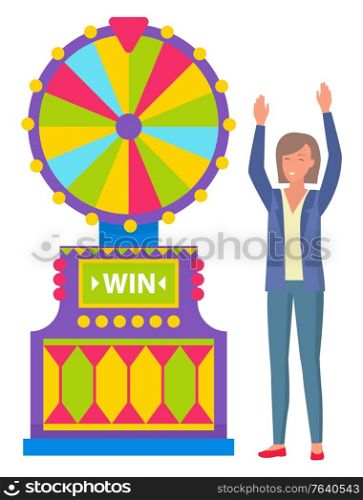 Happy winner rising hands near roulette game machine, fortune equipment. Smiling female character playing wheel, colorful stripes casino symbol vector. Female Winning Fortune, Gambling Machine Vector