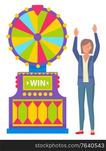 Happy winner rising hands near roulette game machine, fortune equipment. Smiling female character playing wheel, colorful stripes casino symbol vector. Female Winning Fortune, Gambling Machine Vector