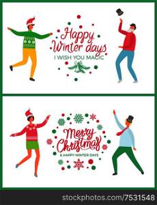 Happy winter days Christmas celebration of people dancing vector. Wish magic, pine branch and bell. Couple having fun, dancers in hat with mistletoe. Happy Winter Days Christmas Celebration of People