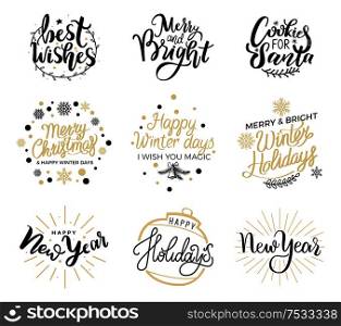 Happy winter days I wish you magic, New Year festive greetings, Merry Christmas and Jingle bells, cookies for Santa calligraphic prints, winter lettering. Happy Winter Days I Wish you Magic, New Year Fest