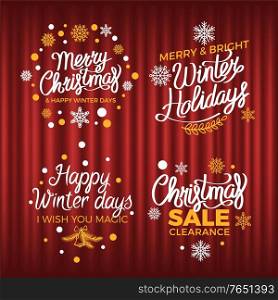 Happy winter days vector, greeting with holidays. Advertisements of price reduction and sales. Snowflakes and presents in boxes, seasonal proposition. Merry Christmas Sale, Reduction of Price Offer