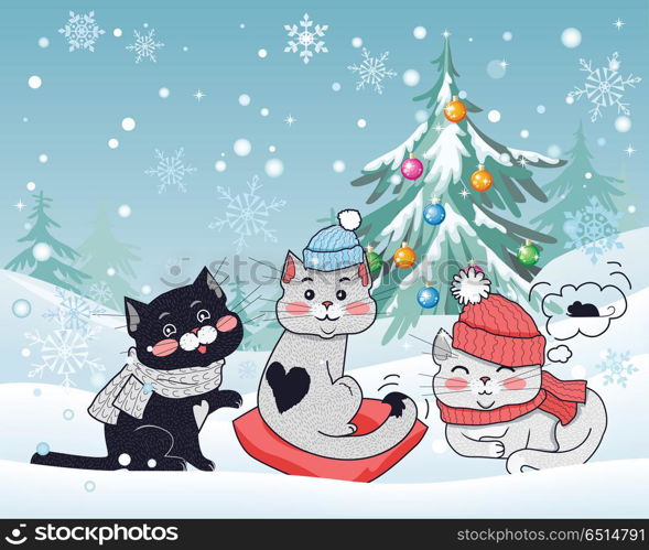 Happy Winter Friends. Three Little Cats. Vector. Happy winter friends. Three little cats in big red hat, scarfs, heart shaped pillow. Funny kittens wearing warm cloth. Winter landscape with cartoon characters. Small feline in flat design. Vector