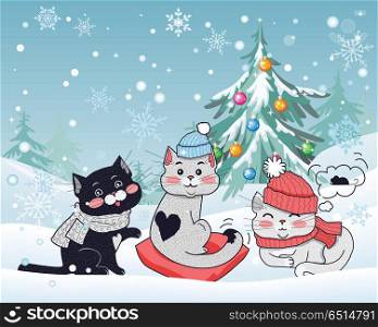 Happy Winter Friends. Three Little Cats. Vector. Happy winter friends. Three little cats in big red hat, scarfs, heart shaped pillow. Funny kittens wearing warm cloth. Winter landscape with cartoon characters. Small feline in flat design. Vector