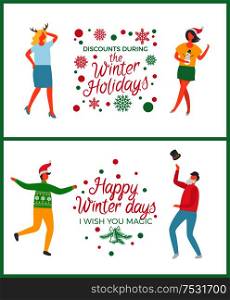 Happy winter holidays celebration discounts during Christmas set vector. Dancing man and woman celebrating new year. Offers and shops propositions. Happy Winter Holidays Celebration Discounts Set