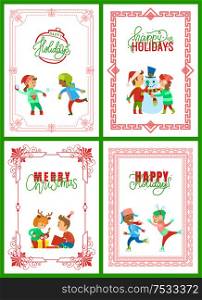 Happy winter holidays, Christmas greeting set vector. Children building snowman character of snow, unpacking present with ribbons and skating on ice. Happy Winter Holidays, Christmas Greeting Set