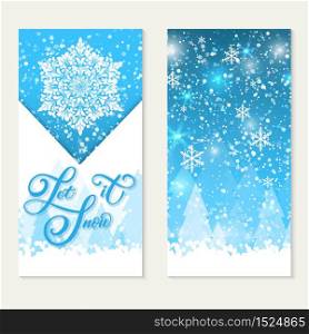 Happy Winter Holidays gift card. Let It Snow. Elegant handwritten calligraphy for winter holidays. Volumetric letters with shadow and snowflakes with winter landscape. Happy Winter Holidays gift card. Let It Snow. Elegant handwritten calligraphy for winter holidays. Volumetric letters with shadow and snowflakes with winter landscape.