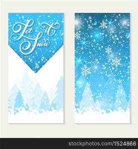 Happy Winter Holidays gift card. Let It Snow. Elegant handwritten calligraphy for winter holidays. Volumetric letters with shadow and snowflakes with winter landscape. Happy Winter Holidays gift card. Let It Snow. Elegant handwritten calligraphy for winter holidays. Volumetric letters with shadow and snowflakes with winter landscape.