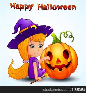 Happy witch Cartoon sitting with pumpkin