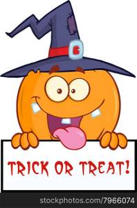 Happy Witch Pumpkin Character Over A Blank Sign With Text