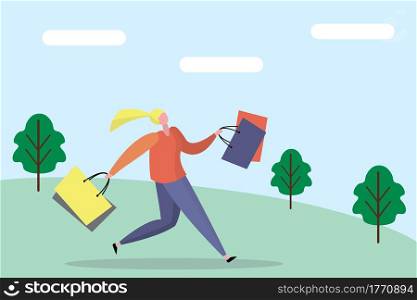 Happy woman after shopping.Female with lots of shopping bags,trendy style design,flat vector illustration
