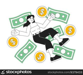 Happy woman among money 2D vector monochrome isolated spot illustration. Business investition flat hand drawn investing character on white background. Businesswoman editable outline cartoon scene. Happy woman among money 2D vector monochrome isolated spot illustration