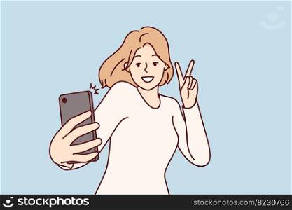 Happy woman blogger taking selfie on mobile phone to post photos on own page in social network. Cheerful girl with smartphone takes picture of herself showing letter V with fingers. Flat vector image. Happy woman taking selfie on phone to post photos on own page in social network. Vector image