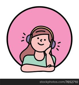 Happy woman character in headset listening and holding hand near face. Icon hobby of people with mp3 device. Avatar round shape with portrait view of smiling girl teenager in headphones vector. Girl Listening in Headset Avatar Round Icon Vector