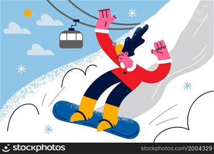 Happy woman do sports on snowboard in mountains on winter holidays. Smiling female have fun enjoy seasonal extreme activities on vacation. Outdoor snow recreation. Vector illustration. . Happy woman snowboard on winter holidays in mountains