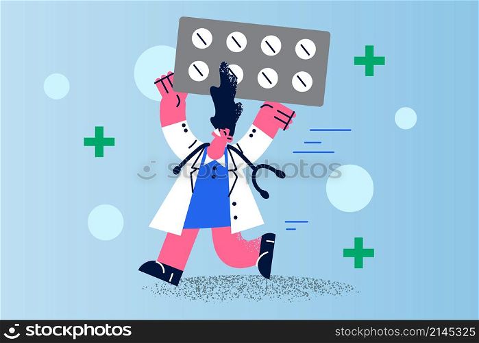 Happy woman doctor in medical uniform carry huge pills package help patient with covid-19. Smiling female nurse or therapist with meds or drugs run for aid. Medicine, healthcare. Vector illustration. . Happy female doctor with meds run with help