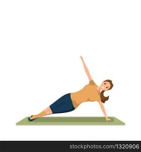 Happy Woman Doing Morning Fitness Sport Workout. Young Woman Engaged in Yoga. Smiling Girl are Standing in Yoga Pose. Healthy Lifestyle. Green Exercise Mat. Isolated on White Background