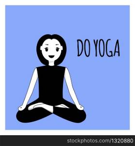 Happy Woman Doing Yoga Sport Home Training Program. Banner Image Character Girl Sitting in Lotus Position. Smiling Girl Encourages You to Do Yoga. Isolated on Blue Background. Healthy Lifestyle