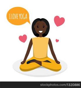 Happy Woman Doing Yoga Sport Training Program. Image Character Smiling Young African American Girl Sitting in Lotus Pose Speaking I Love Yoga. Red Heart. Isolated on White Background