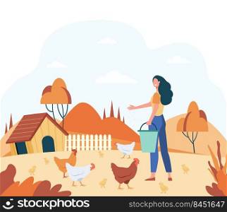 Happy woman feeding domestic birds flat vector illustration. Cartoon female farmer breeding hens and roosters at country. Chicken farm and agriculture concept