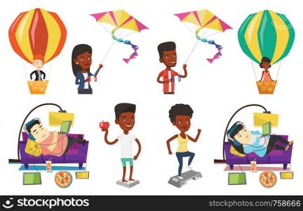 Happy woman flying in a hot air balloon. African woman standing in the basket of hot air balloon. Woman traveling in aerostat. Set of vector flat design illustrations isolated on white background.. Vector set of people during leisure activity.