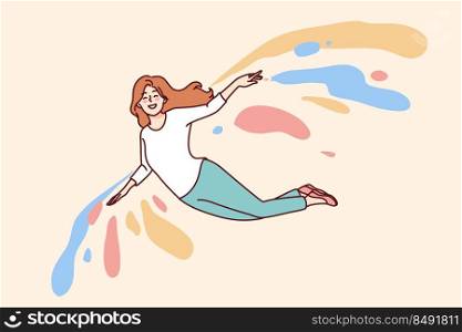 Happy woman flying on colorful wings feel optimistic and joyful. Smiling girl recover from depression or mental illness. Vector illustration. . Smiling girl flying on colorful wings