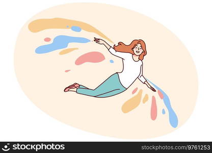 Happy woman flying on colorful wings feel optimistic and joyful. Smiling girl recover from depression or mental illness. Vector illustration.. Smiling girl flying on colorful wings