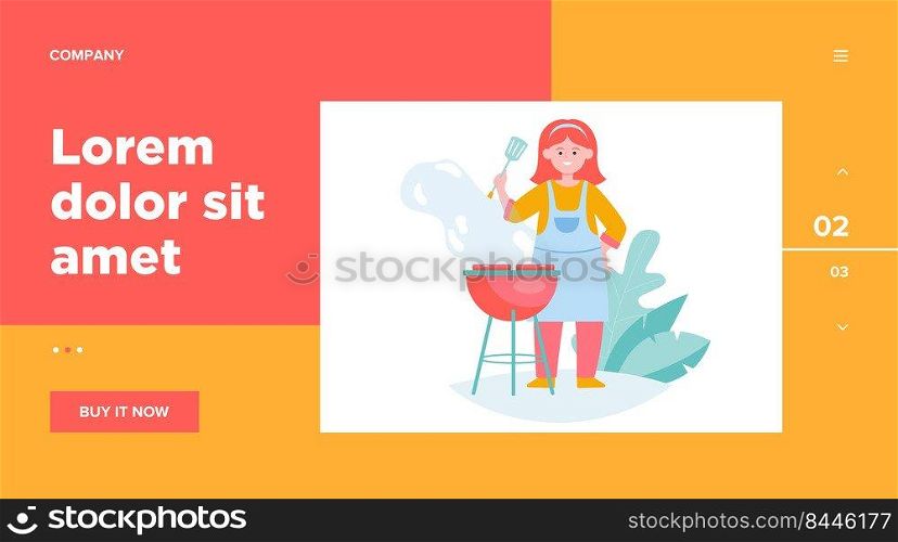 Happy woman grilling barbecue meat. Female chef in apron holding spatula, cooking in garden  flat vector illustration. BBQ party, summer, food concept for banner, website design or landing web page
