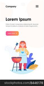 Happy woman grilling barbecue meat. Female chef in apron holding spatula, cooking in garden  flat vector illustration. BBQ party, summer, food concept for banner, website design or landing web page