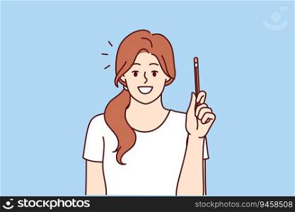 Happy woman has come up with new idea and is holding up pencil to share thoughts and discuss topic. Young inspired girl with smile looks at screen, recommending listening to cool idea to improve life.. Happy woman has come up with new idea and is holding up pencil to share thoughts and discuss topic