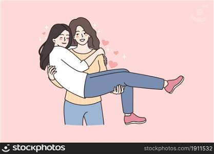 Happy woman hold in arms smiling girlfriend. Homosexual lesbian couple wedding. Overjoyed LGBT lovers celebrate free open relationships. Homosexuality, equality concept. Flat vector illustration. . Happy lesbian woman hold girlfriend on hands