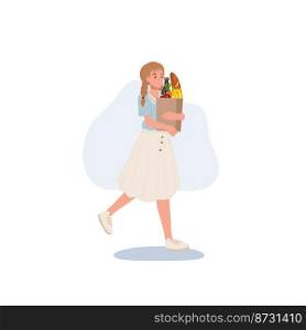 Happy woman holding a grocery bag in her hands. Buyer at the supermarket. Flat vector cartoon character illustration