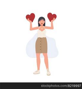 Happy woman holding a red hearts shape in both hands. giving heart , shared love. Flat vector cartoon character illustration