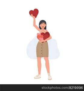 Happy woman holding a red hearts shape in one hand and raise it up ,other hand is holding a lot of heart. giving heart , shared love. Flat vector cartoon character illustration