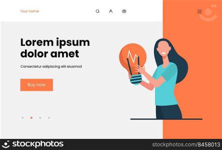 Happy woman holding big bulb and smiling. Idea, solution, thought flat vector illustration. Startup and achievement concept for banner, website design or landing web page