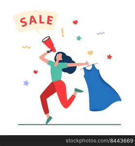 Happy woman holding dress for sale. Clothes, loudspeaker, girl flat vector illustration. Shopping and promotion concept for banner, website design or landing web page