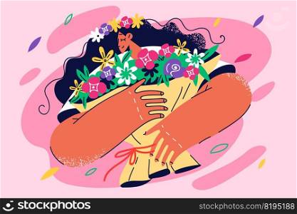 Happy woman holding flowers feel overjoyed. Smiling girl with bouquet enjoy summer day. Vector illustration.. Happy woman holding flowers bouquet