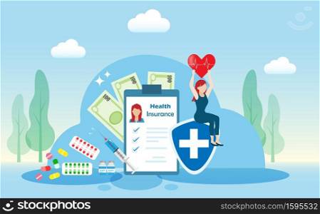Happy woman holding heart with ECG - EKG signal sitting on insurance contract form. Idea for life, health insurance and healthcare medical concept.