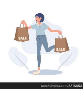 Happy Woman holding shopping bags. Shopping concept. sale promotion. Vector illustration