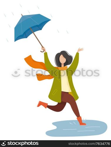 Happy woman holding umbrella and walking in rain. Female character wearing scarf and coat jumping in water. Rainy weather in autumn park. Person going street, seasonal weather in autumn park vector. Rainy Weather in Autumn Park, Umbrella Vector