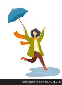 Happy woman holding umbrella and walking in rain. Female character wearing scarf and coat jumping in water. Rainy weather in autumn park. Person going street, seasonal weather in autumn park vector. Rainy Weather in Autumn Park, Umbrella Vector
