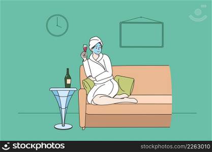 Happy woman in bathrobe relax on sofa in spa with glass of champagne enjoy leisure weekend alone. Smiling girl with mask on face have dayoff in saloon. Beauty day concept. Vector illustration.. Woman with champagne enjoy beauty day in spa