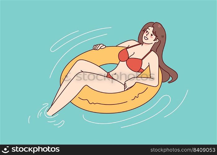 Happy woman in bikini on inflatable ring swimming in sea on summer vacation. Smiling girl enjoy holidays. Relaxation and recreation. Vector illustration. . Happy woman in bikini swimming in pool