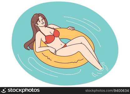 Happy woman in bikini on inflatable ring swimming in sea on summer vacation. Smiling girl enjoy holidays. Relaxation and recreation. Vector illustration.. Happy woman in bikini swimming in pool