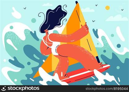 Happy woman in bikini surfing on board in sea. Smiling active girl have fun windsurfing at summer holidays. Summertime activity. Vector illustration.. Happy woman windsurfing in sea