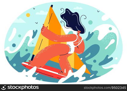 Happy woman in bikini surfing on board in sea. Smiling active girl have fun windsurfing at summer holidays. Summertime activity. Vector illustration.. Happy woman windsurfing in sea