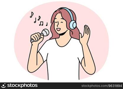 Happy woman in headphones and microphones singing. Smiling girl have fun enjoy karaoke entertainment with mic and earphones. Hobby and music. Vector illustration.. Happy woman singing in microphone