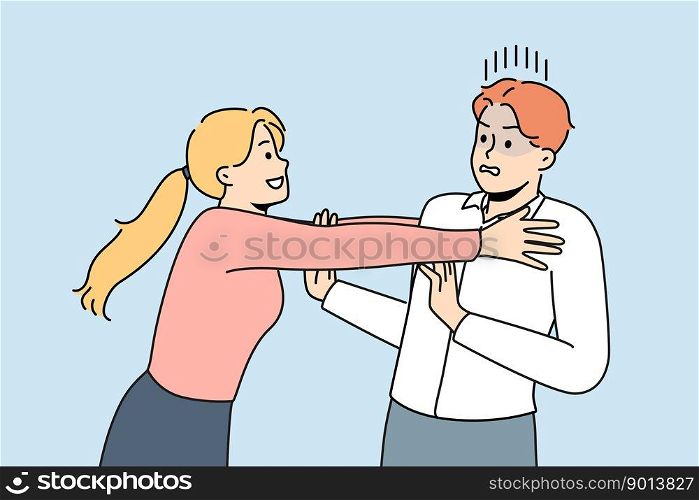 Happy woman in love show affection and attachment to frustrated man. Smiling girl stalking hugging confused male lover. Relationship concept. Vector illustration. . Woman show affection to frustrated man 