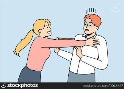 Happy woman in love show affection and attachment to frustrated man. Smiling girl stalking hugging confused male lover. Relationship concept. Vector illustration. . Woman show affection to frustrated man 
